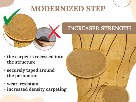 Diagram showing a modernized step with carpeted surface and text explaining features.