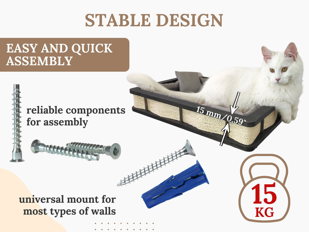Cat bed with assembly components and text highlighting stability and assembly ease.