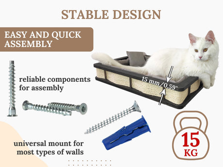 Cat bed with assembly components and text highlighting stability and assembly ease.