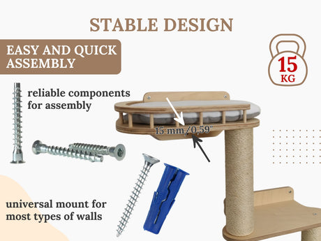 Cat tree with assembly components and stability information on a beige background