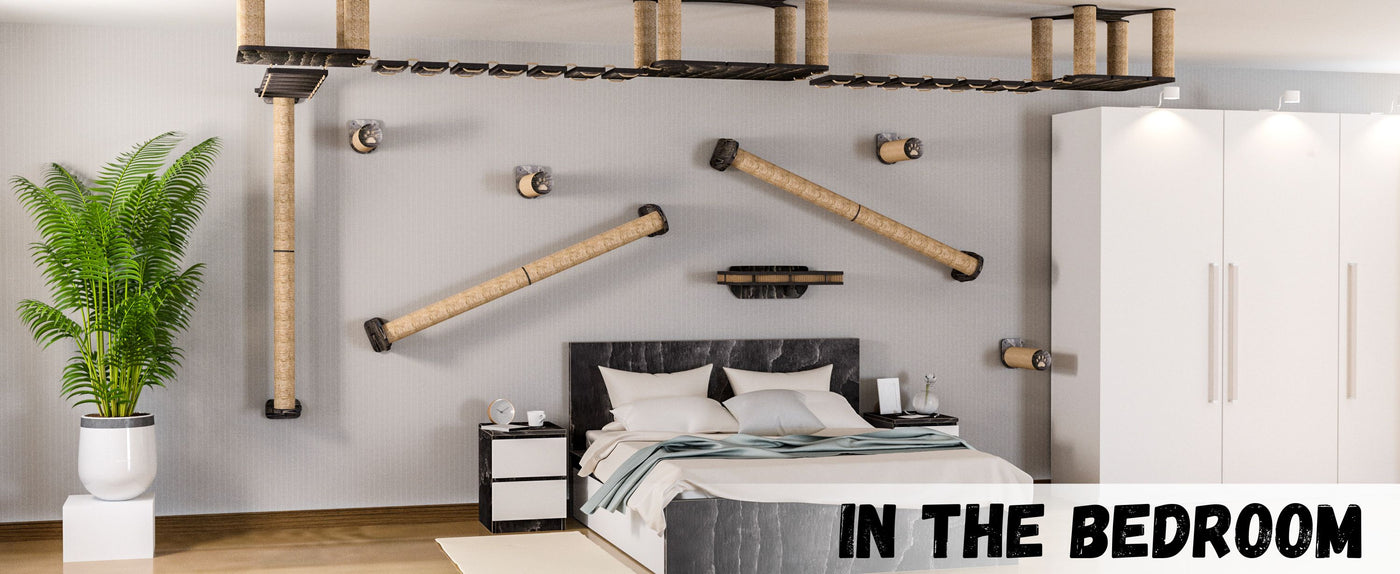 Modern bedroom with bed, nightstands, and wall-mounted shelves.