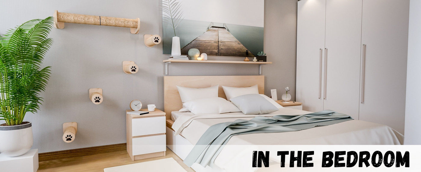 Modern bedroom with bed, nightstands, and cat wall scratching posts.