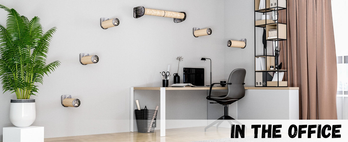 Modern office space with a desk, chair, and cat scratching posts.