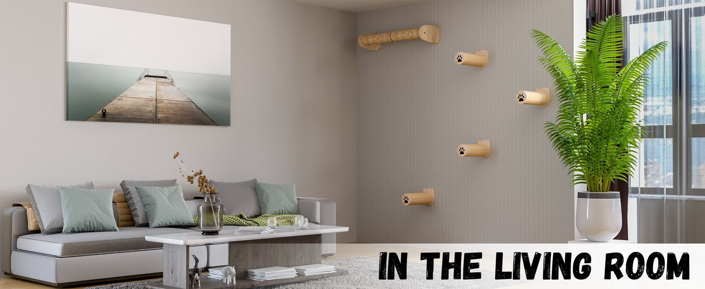 Modern living room with gray sofa, wall art, and cat wall tree.