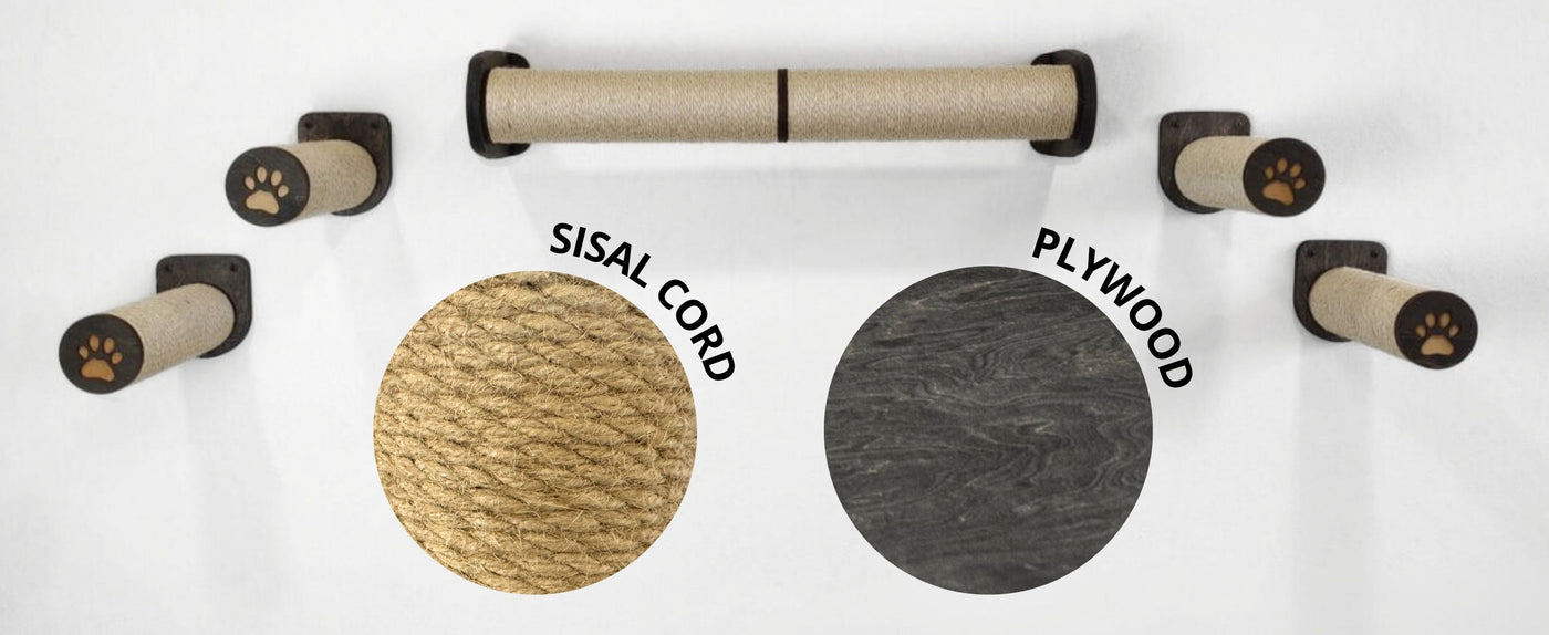 Cat scratcher components including sisal cord and plywood on a white background
