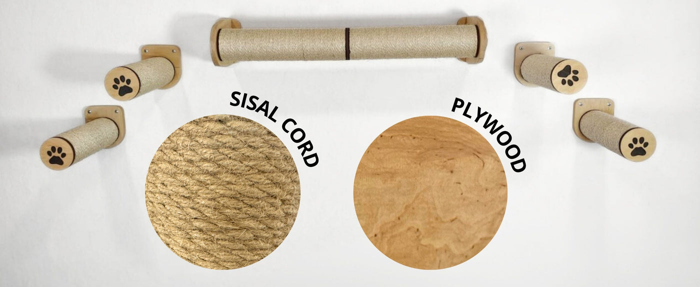 Cat scratcher components including sisal cord and plywood with labels on a white background