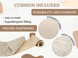 Product description with text about cushion included, durability, comfort, and features like easy to wash and hypoallergenic filling.