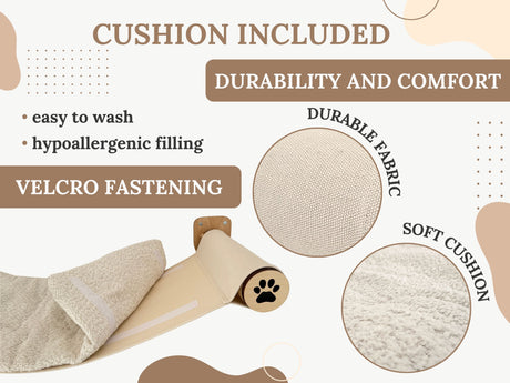 Product description with text about cushion included, durability, comfort, and features like easy to wash and hypoallergenic filling.