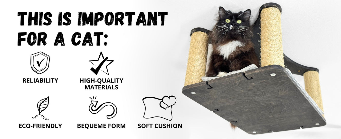Cat sitting on a cat tree with text and icons highlighting features.