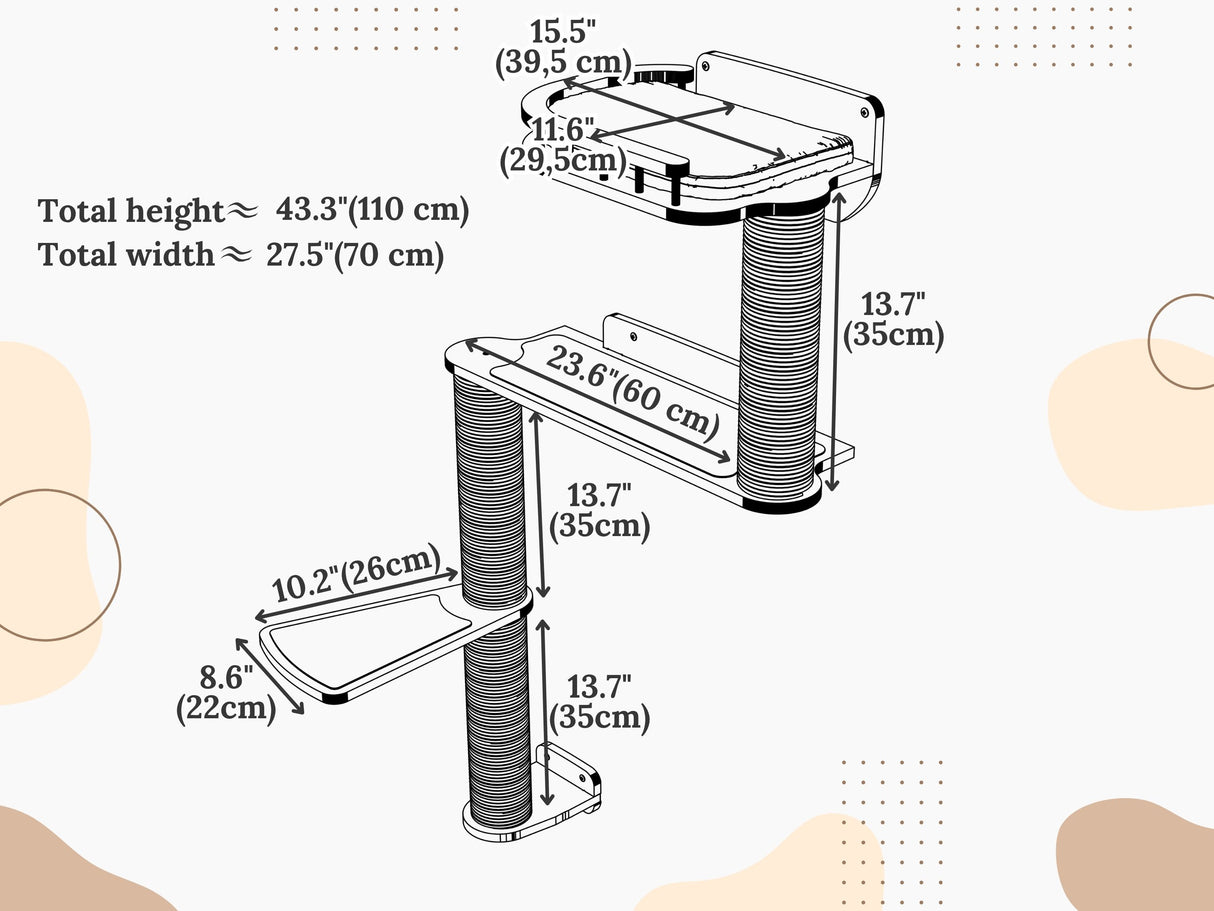 Measurement chart of a cat wall shelf frame with dimensions labeled.