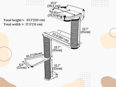 Measurement chart of a cat wall shelf frame with dimensions labeled.