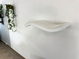 White cat shelf mounted on a white wall with green plants on the left.