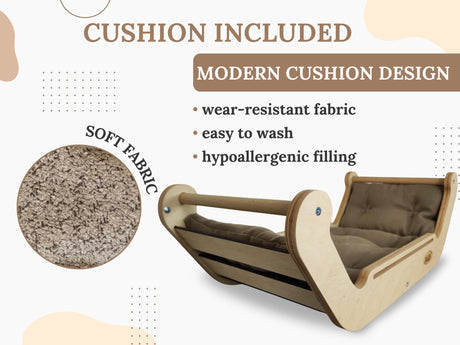 Wooden cat bed with cushion, soft fabric swatch, and text about cushion design on a white background.