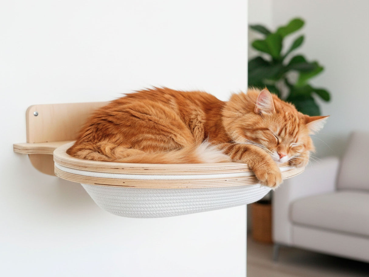 Cat sleeping on a wooden wall-mounted cat shelf in a home setting.