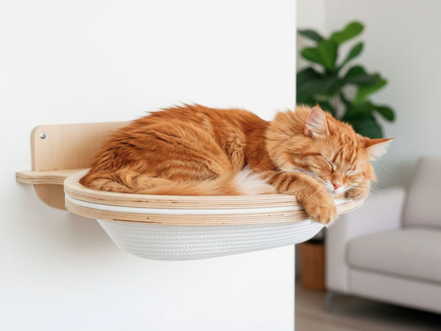 Cat sleeping on a wooden wall-mounted cat shelf in a home setting.
