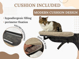 Cat sitting on a modern cushioned cat tree with features highlighted.