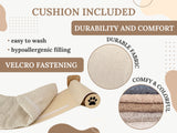 Product advertisement with text about cushion included, durability, comfort, and features like easy to wash and velcro fastening.