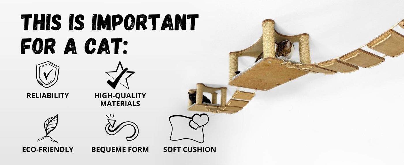 Cat shelf with features listed on a white background