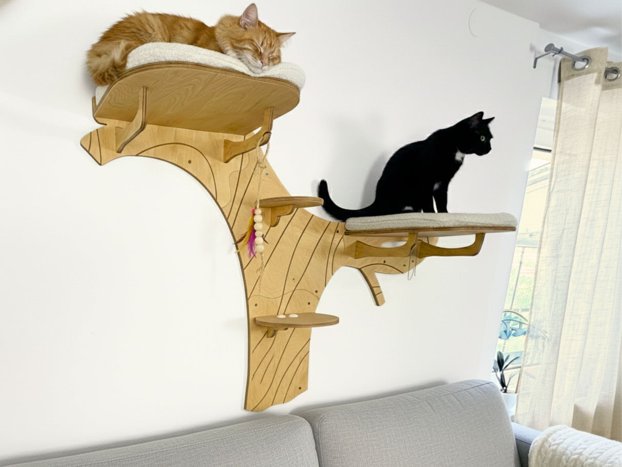 Two cats on a wooden cat tree in a living room setting.