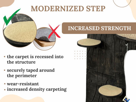 Product feature comparison with modernized step design and increased strength text.