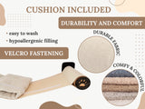 Product advertisement with text about cushion included, durability, comfort, and features like easy to wash and velcro fastening.