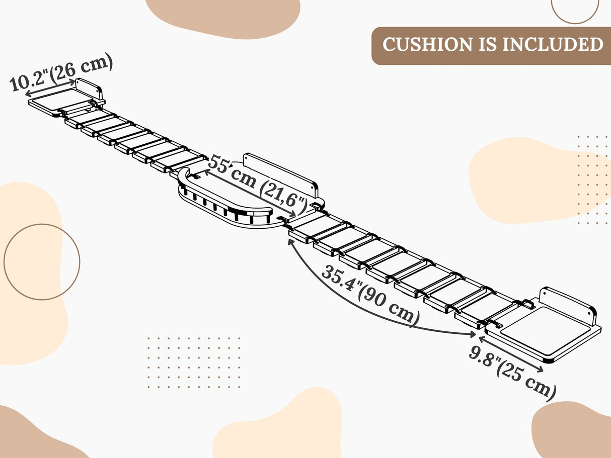 Measurement chart of a cat wall bridge with dimensions on a beige background