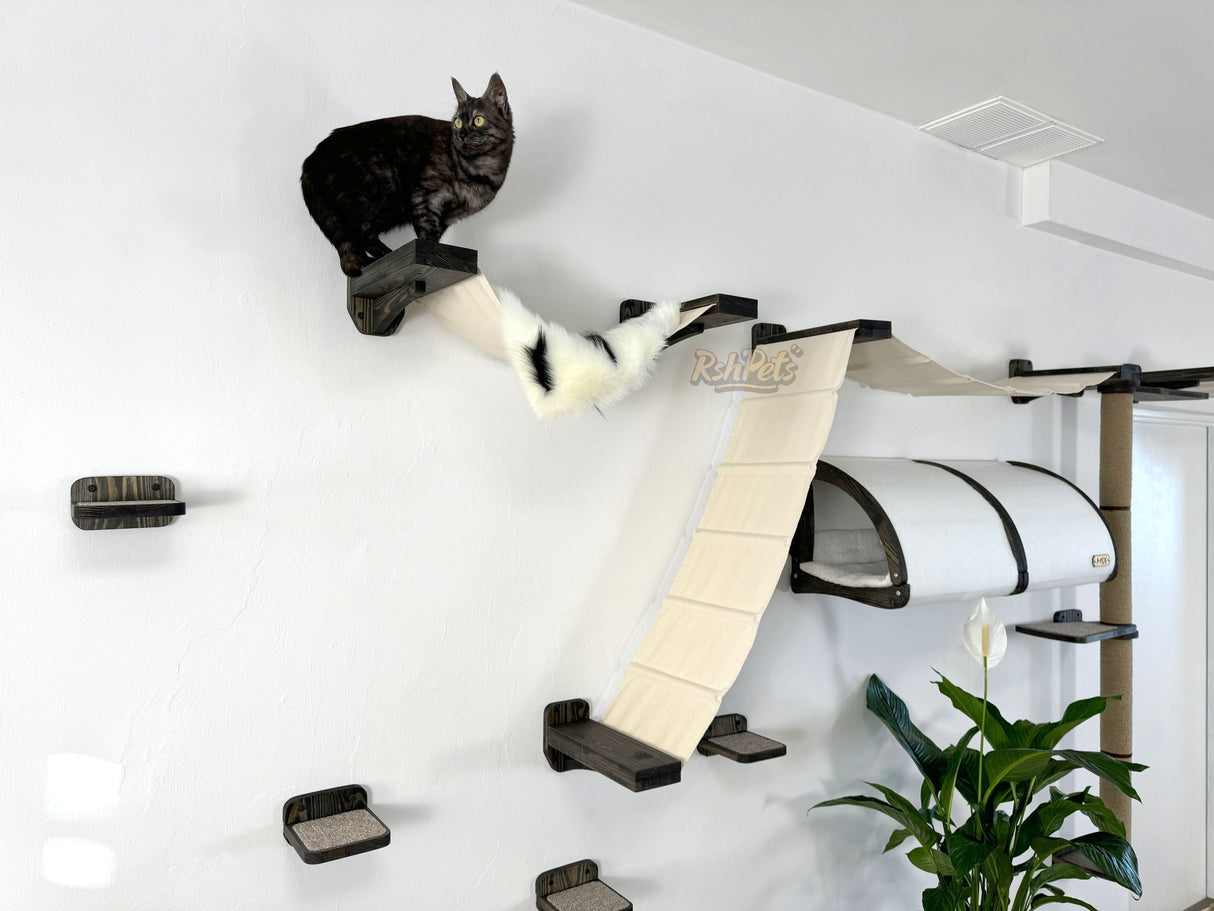 Modern Cat Climbing Wall Set, Cat Wall Furniture – Wooden Shelves, Cozy Hammocks, Tunnels, and Scratching Post for Cat