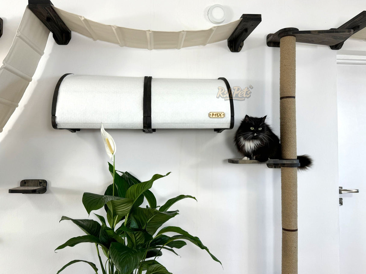 Modern Cat Climbing Wall Set, Cat Wall Furniture – Wooden Shelves, Cozy Hammocks, Tunnels, and Scratching Post for Cat