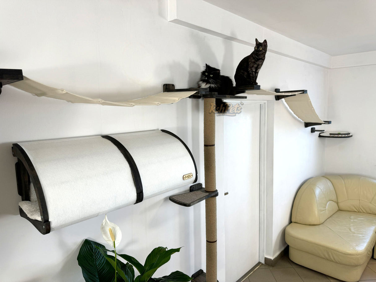 Modern Cat Climbing Wall Set, Cat Wall Furniture – Wooden Shelves, Cozy Hammocks, Tunnels, and Scratching Post for Cat