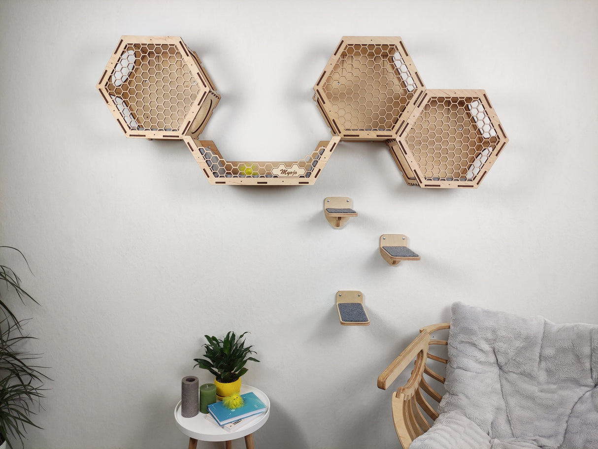 Modern Cat Climbing Wall, Hexagon Cat Shelf, Shelves for Large Cats, Cat Furniture Stairs, Cat Bed - Natural