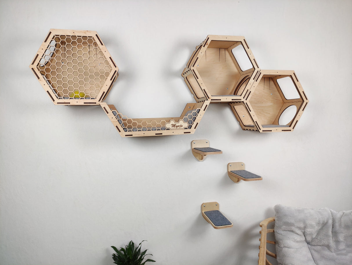 Modern Cat Climbing Wall, Hexagon Cat Shelf, Shelves for Large Cats, Cat Furniture Stairs, Cat Bed - Natural