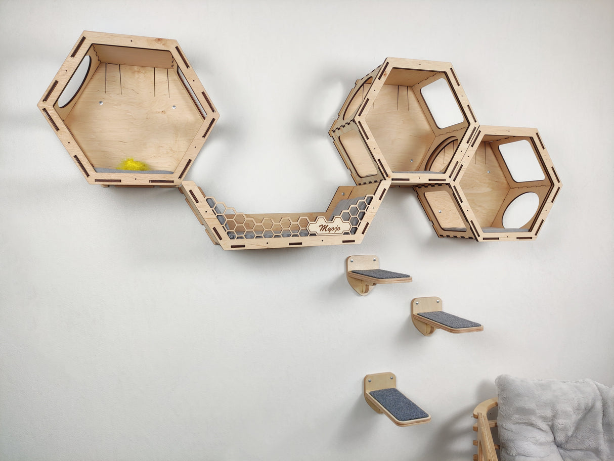 Modern Cat Climbing Wall, Hexagon Cat Shelf, Shelves for Large Cats, Cat Furniture Stairs, Cat Bed - Natural