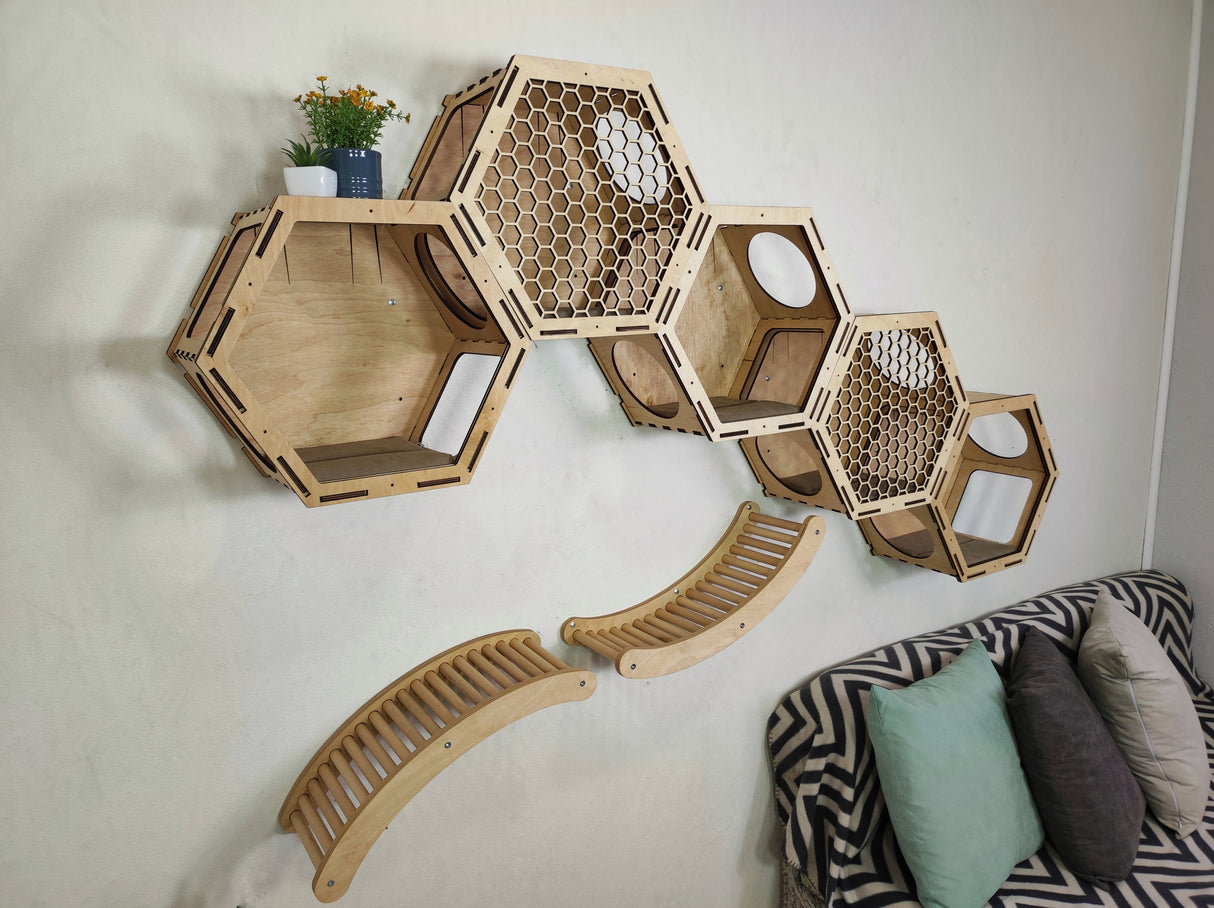 Set of large hexagonal wall shelves and cat ladder