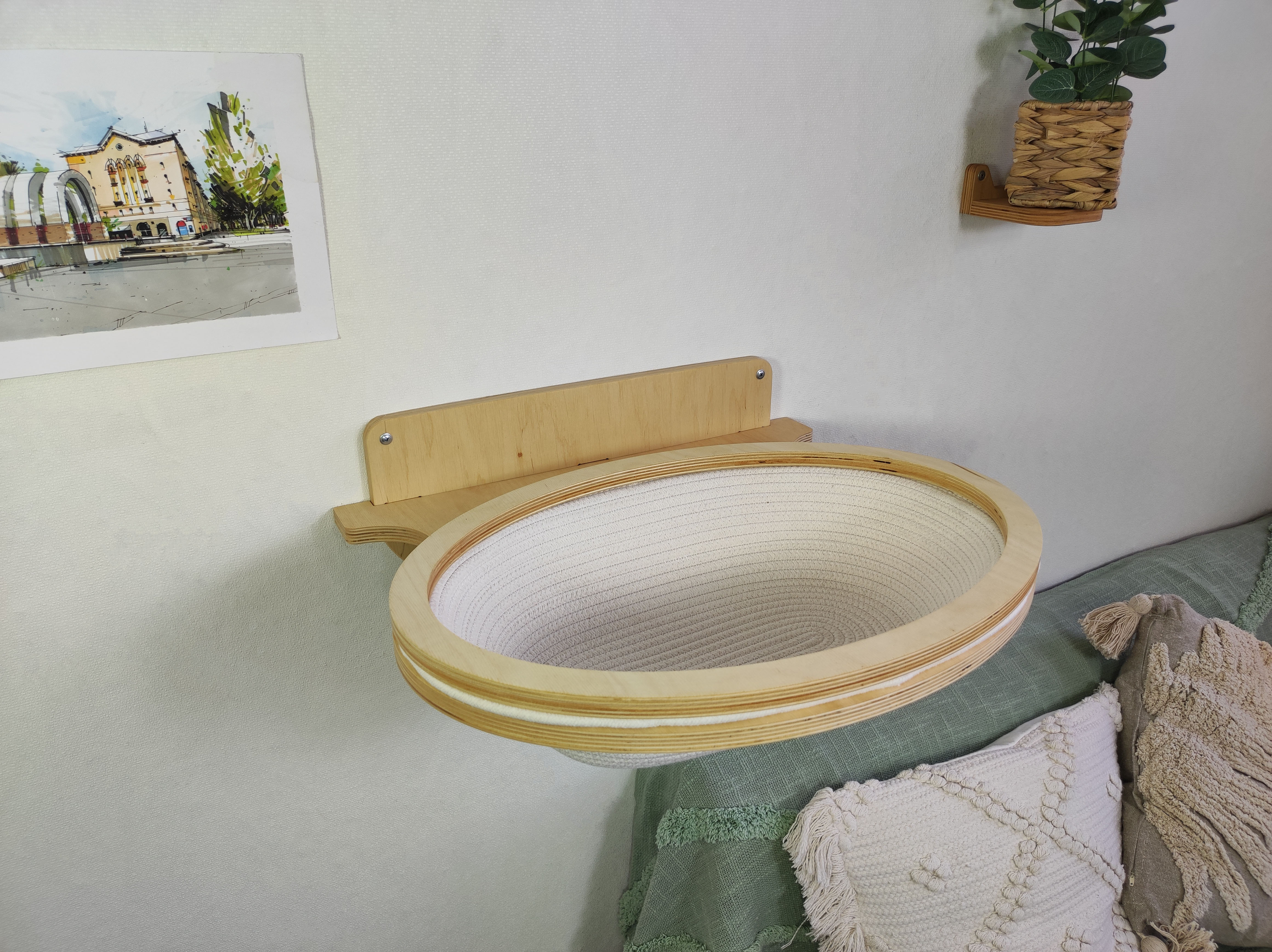 Wall-mounted light wood cat basket