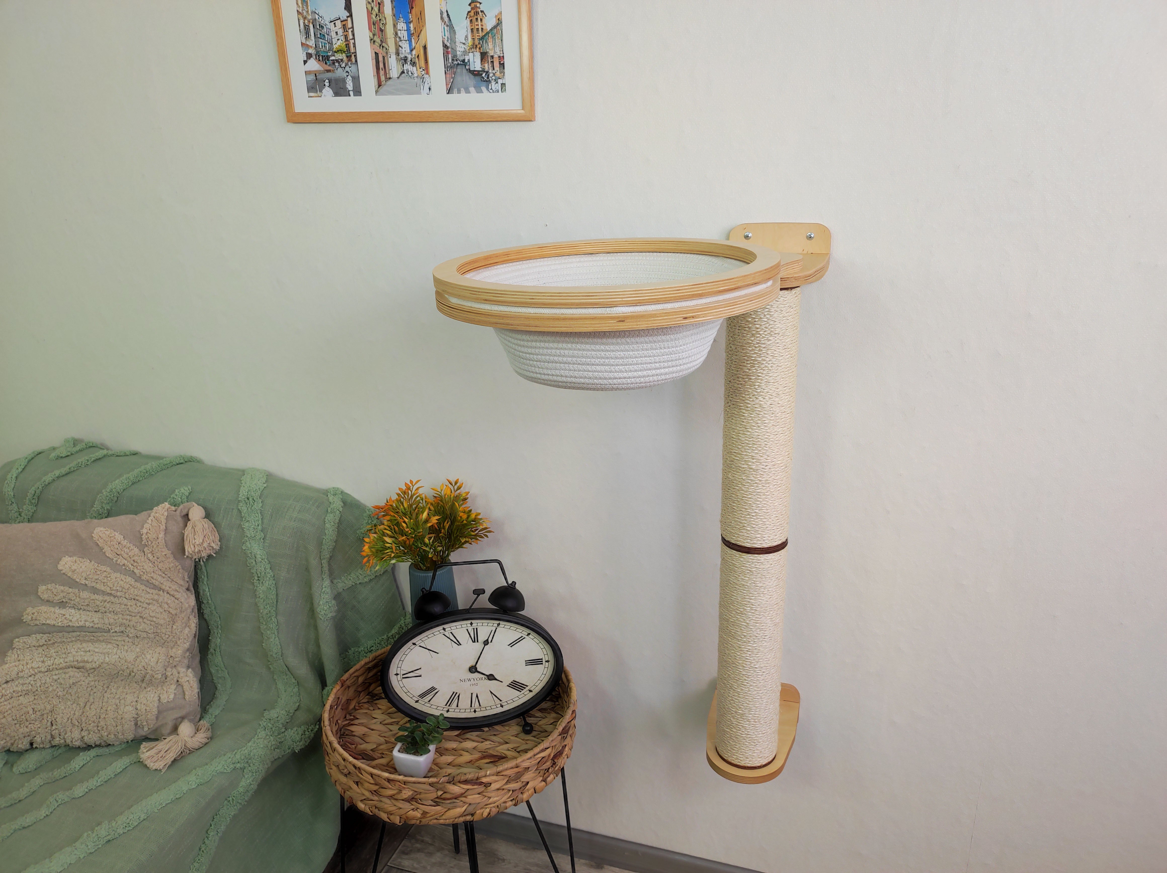Wall-mounted cat tower with round cat rest basket