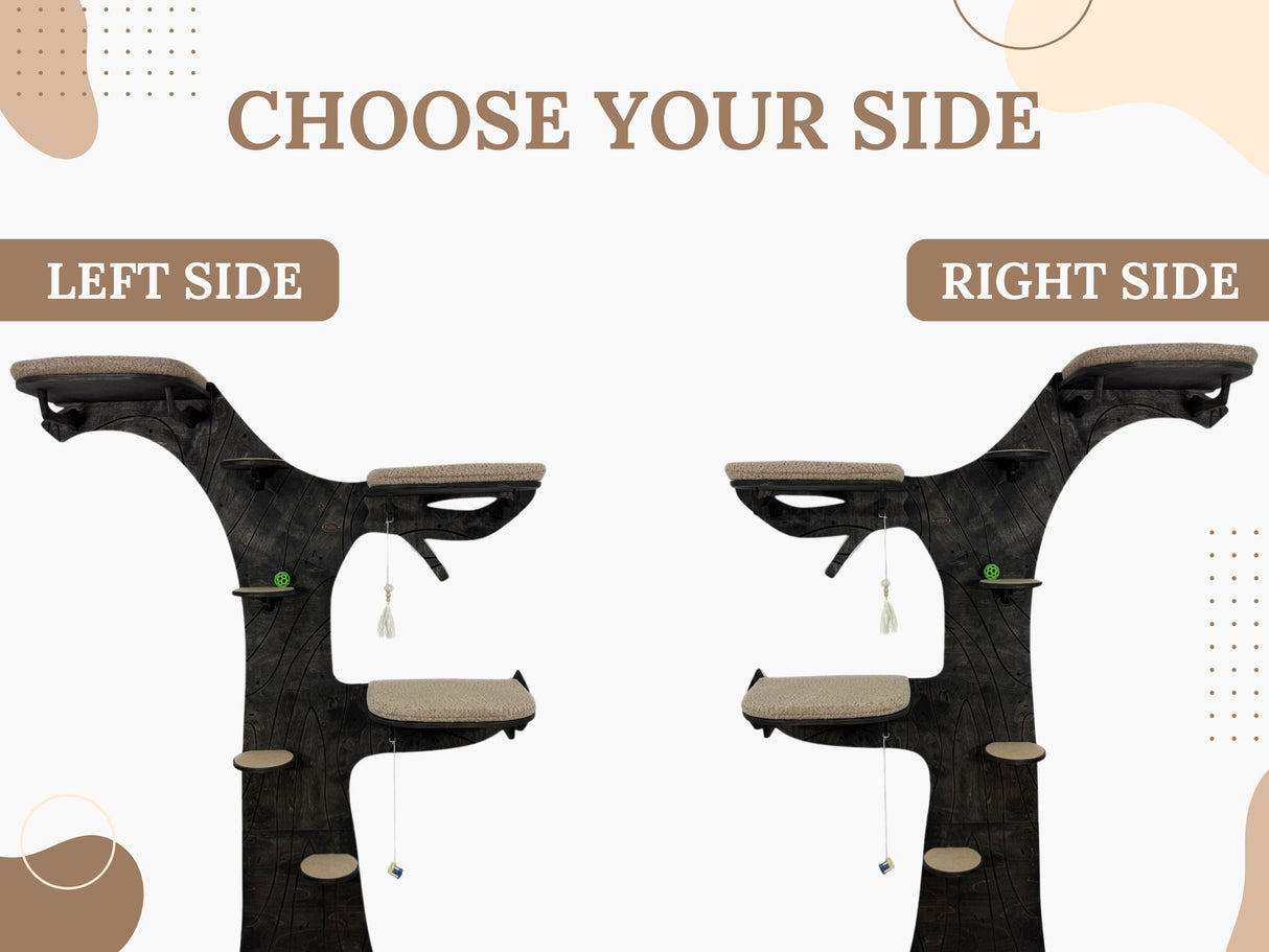 Two identical cat trees with hanging platforms on a beige background, labeled 'Left Side' and 'Right Side'.