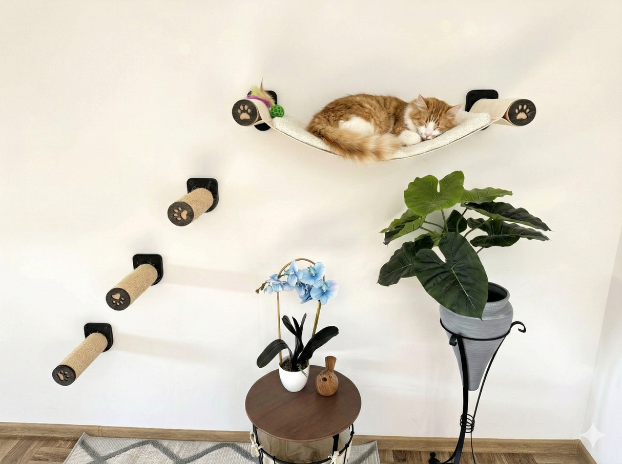 Cat lounging in a hammock attached to a wall with catnip toys and plants below.
