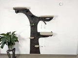 Wall-mounted cat tree with multiple levels and a plant on a white background