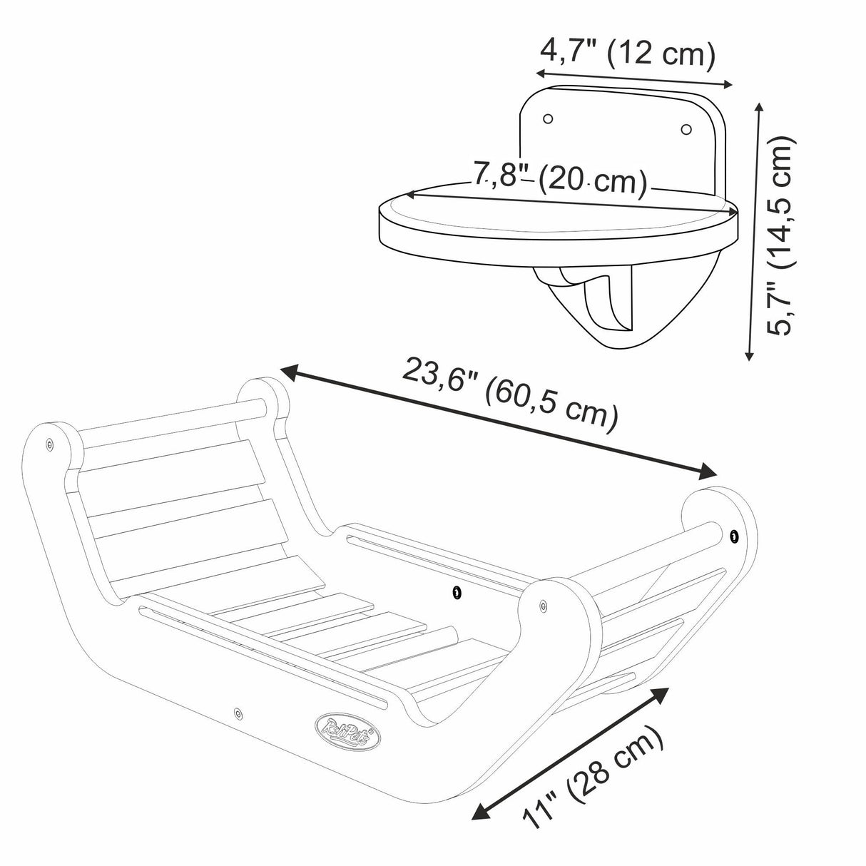 Drawing with dimensions of wall-mounted cat bed and steps