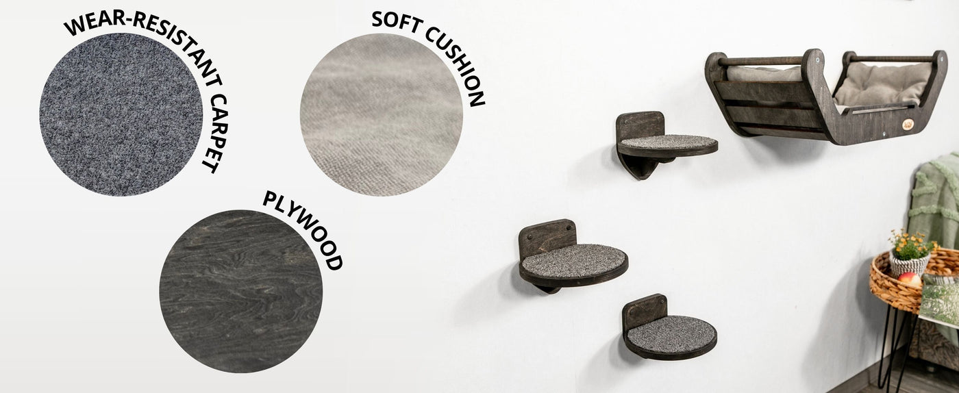 Cat furniture with wear-resistant carpet, soft cushion, plywood, and shelves on a white background.
