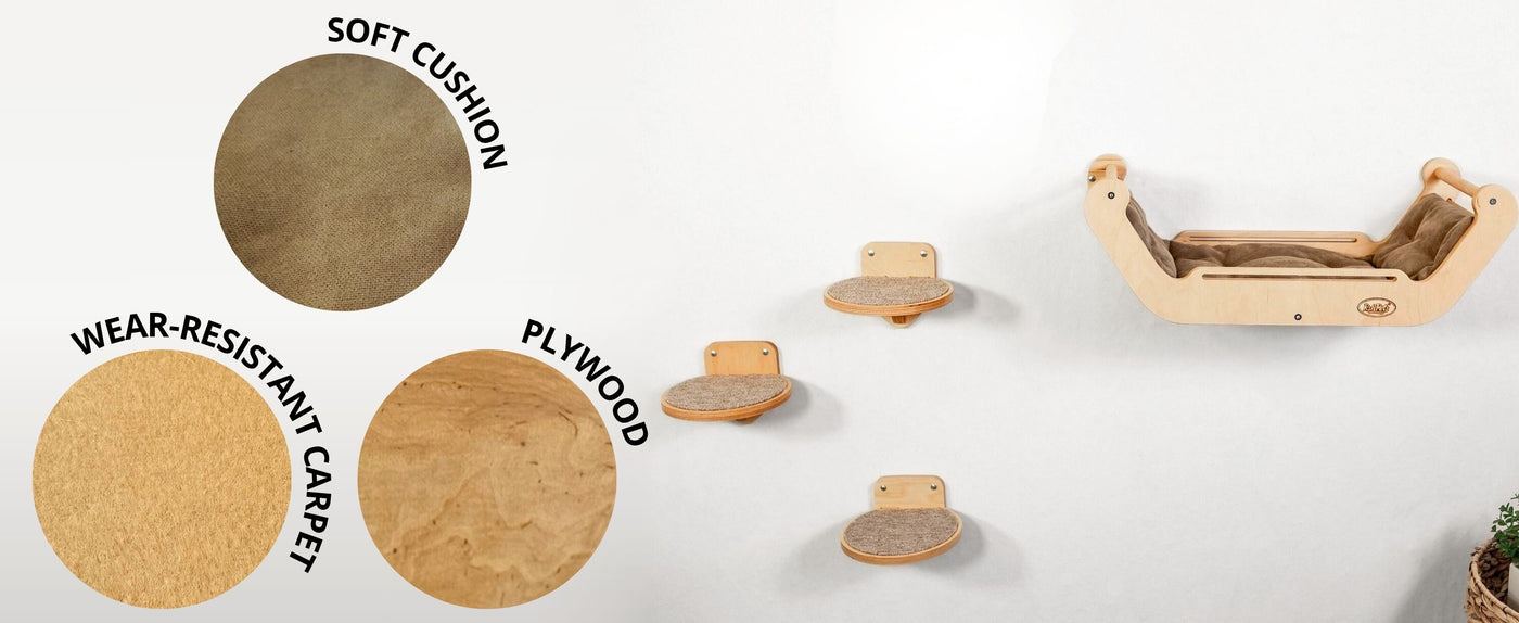 Wooden pet products with labels on a white background