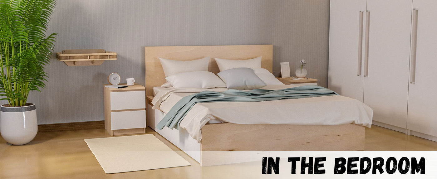 Modern bedroom with a bed, nightstands, and cat wall furniture