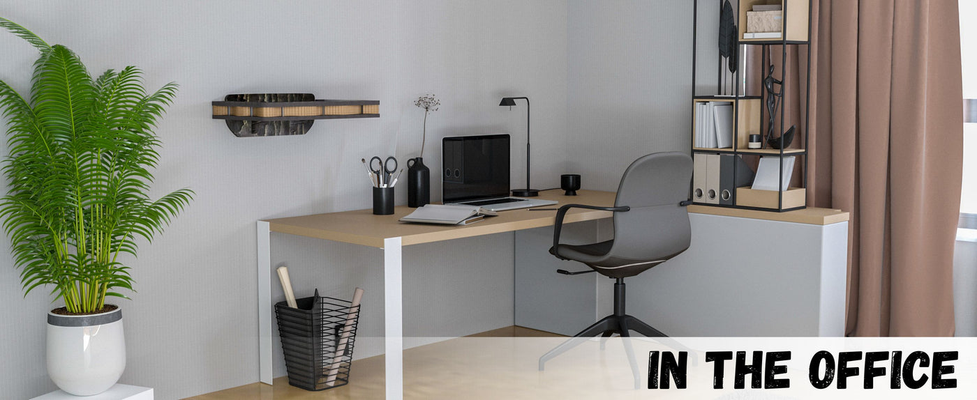 Modern office desk with computer, chair, and cat wall bed with cushion