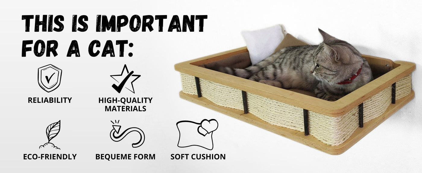 Cat lying on a wooden pet bed with features listed as important for a cat.