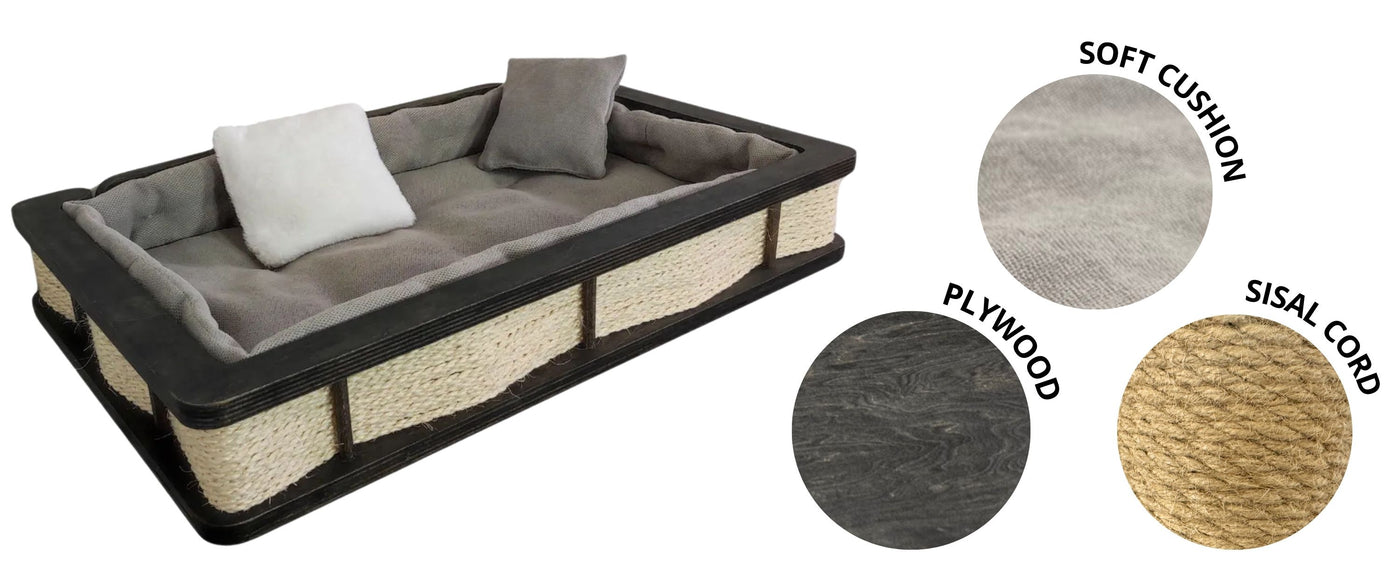 Pet bed with cushions and materials labeled on a white background