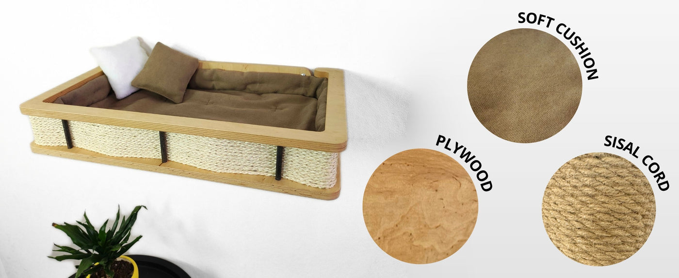 Wooden pet bed with soft cushion, plywood, and sisal cord components on a white background.