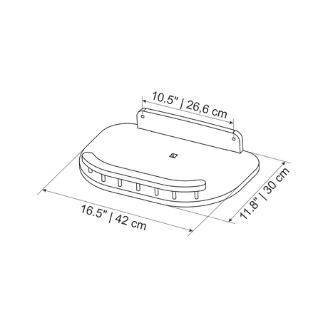 Measurement chart of a product with dimensions labeled in inches and centimeters.
