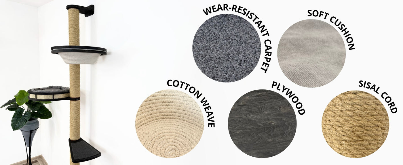 Cat tree with material swatches labeled on a white background