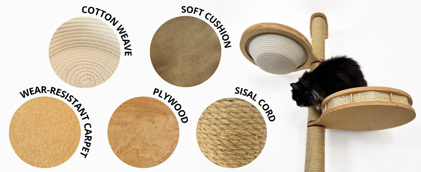 Cat tree with different material options labeled on a white background