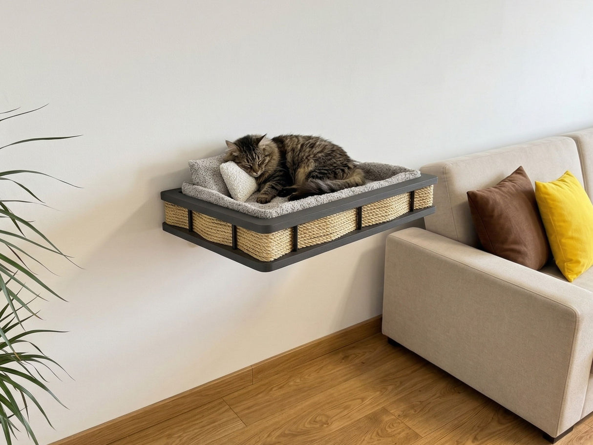 Cat lounging on a wall-mounted cat bed next to a beige sofa with colorful pillows.